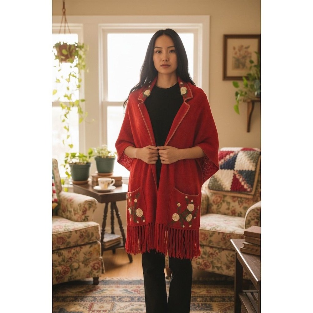 Grandmacore women's Vtg Red Floral Fringe Poncho Kimono One Size wool (4 holes)